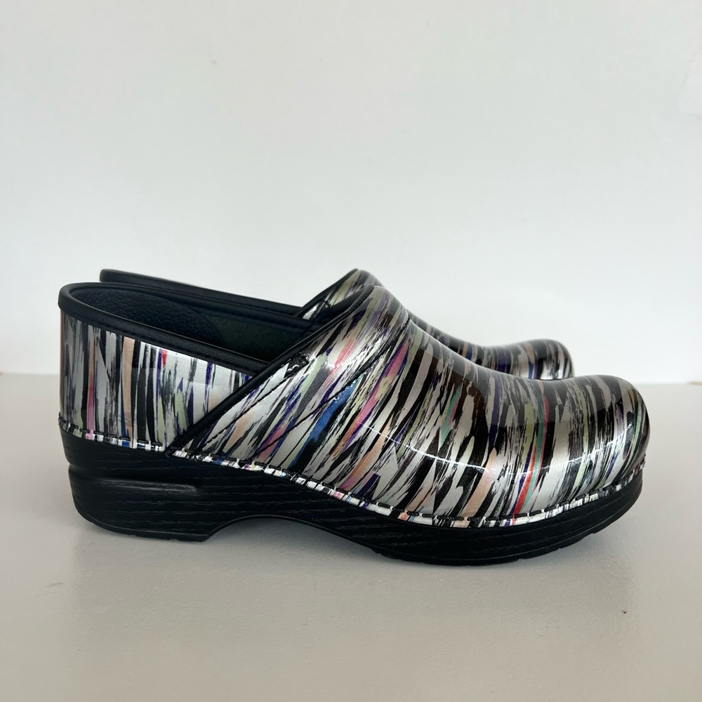 Dansko Women's Black Clogs with Silver and Multicolor Stripes
